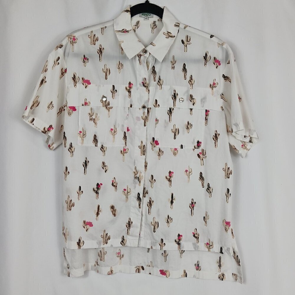 KENZO Button Front Collared Cactus Print Shirt Women White Cotton Size 40 M/L